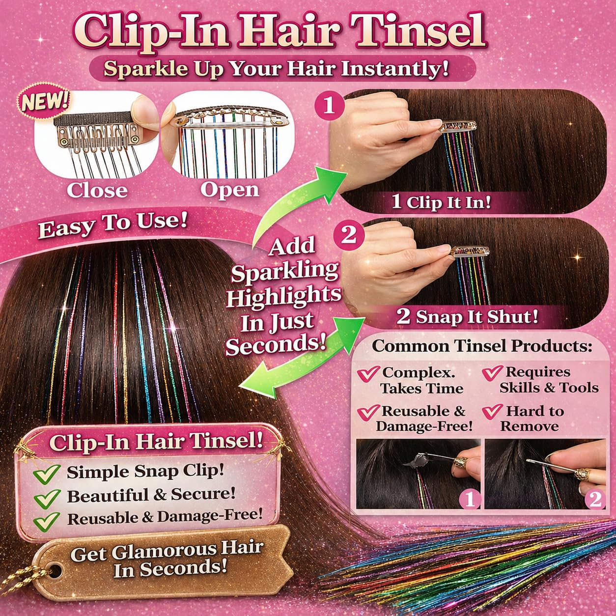 Hair Tinsel 12 Pcs Clip in Hair Tinsel Kit for Girls 22 Inch Glitter Fairy Tinsel Hair Extensions Colorful Heat Resistant Party Festival Accessories for Women Kids (rainbow)