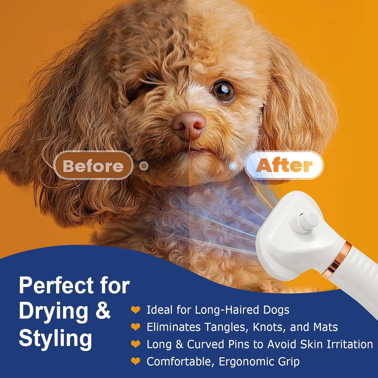 Pet Hair Dryer Brush - 3-in-1 Portable Blower & Slicker for Dogs and Cats | Adjustable Temp & Overheat Protection