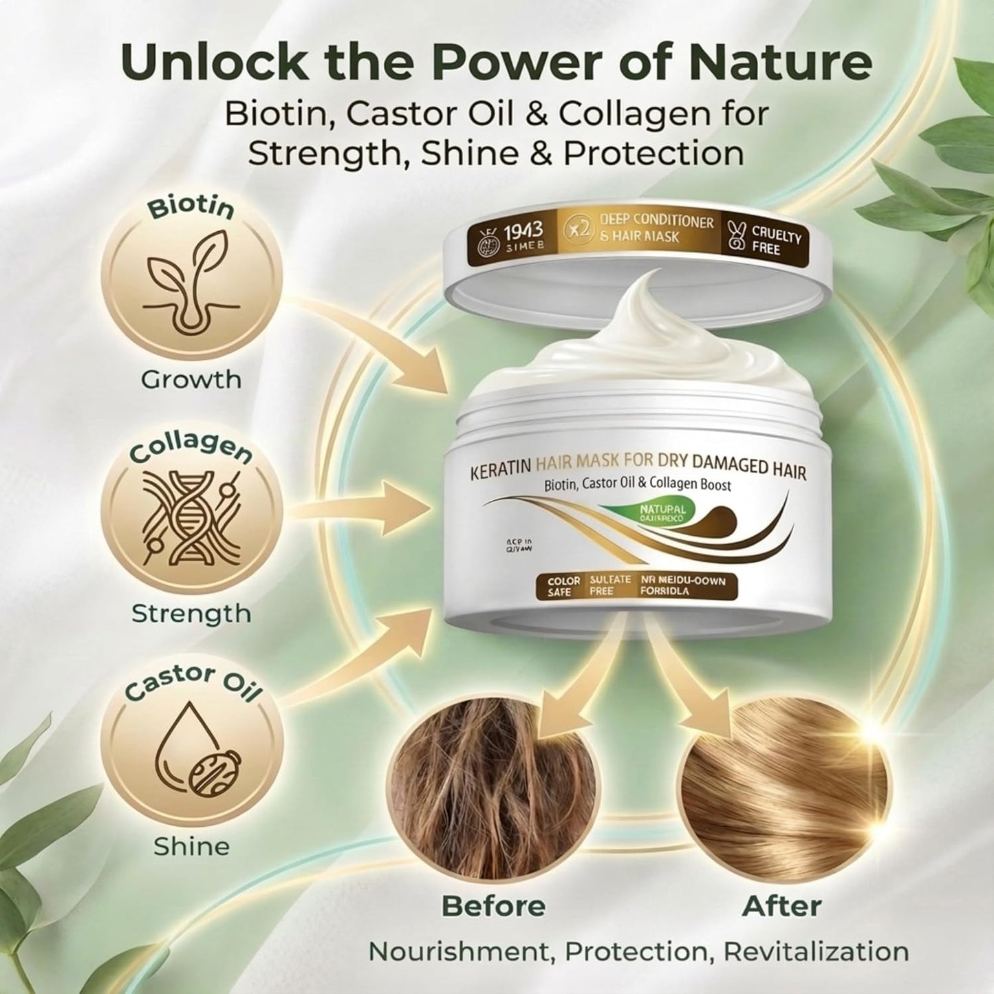 Keratin Hair Mask - Deep Conditioner for Dry & Damaged Hair with Biotin, Collagen & Castor Oil | 8.5 Fl Oz