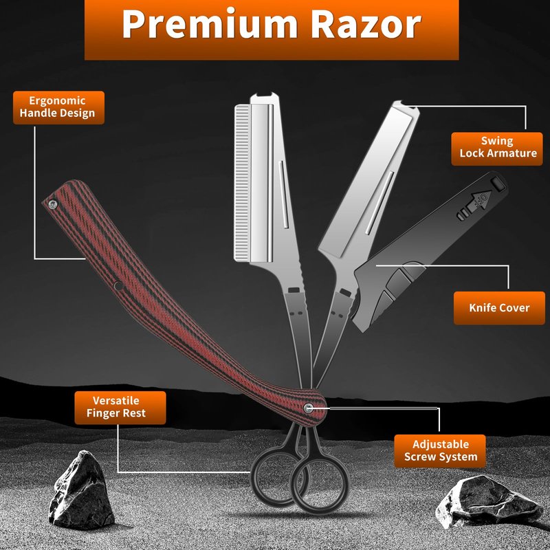 Straight Razor for Men, Straight Edge Razor, Barber Razor, Folding Shavette Razor with Replaceable Blade System, Stainless Steel Beard Razor with G10 Non-Slip Handle for Home Shaving & Grooming (Red)