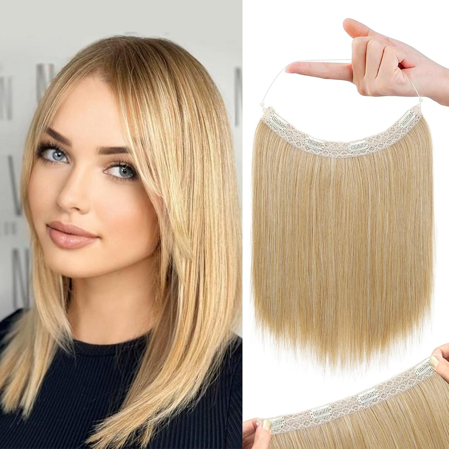 REECHO Invisible Wire Hair Extensions - Thinner Lace Weft, 12-Inch Short Straight Clips | Light Blonde