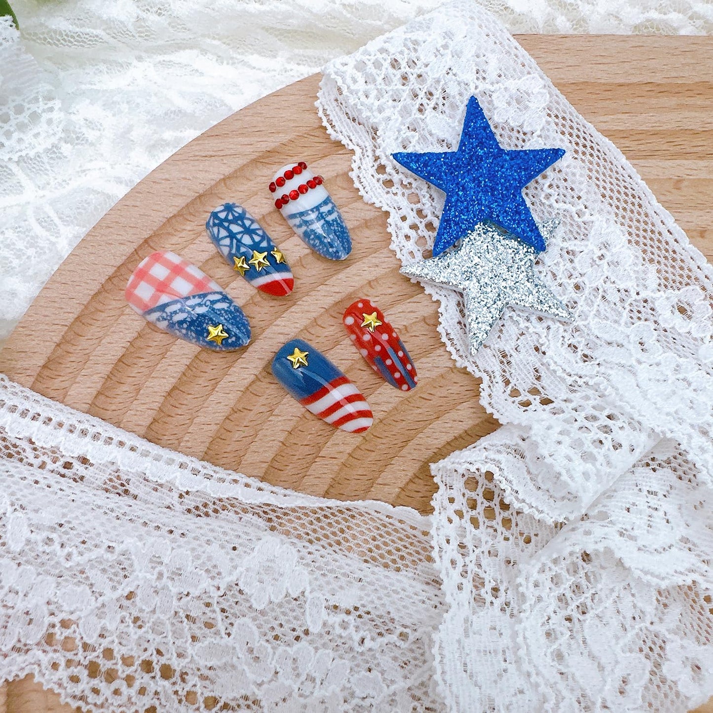30Pcs 4th of July Press-On Nails - Medium Almond Acrylic Nails with Gold Star & Red Rhinestones | Patriotic Independence Day Design