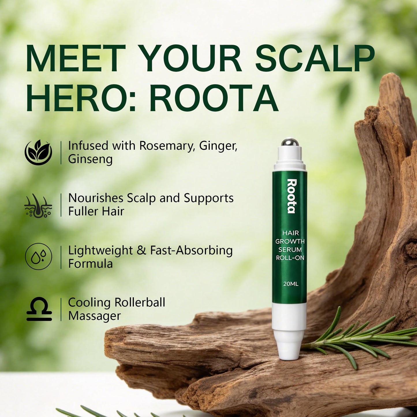 Roota Advanced Hair Growth Roll-On Serum | Saw Palmetto, Rosemary & Pea Extract | Supports Fuller, Healthier Hair | Clean, Non-Greasy Formula for Men & Women | 20ml Pack(1PC)