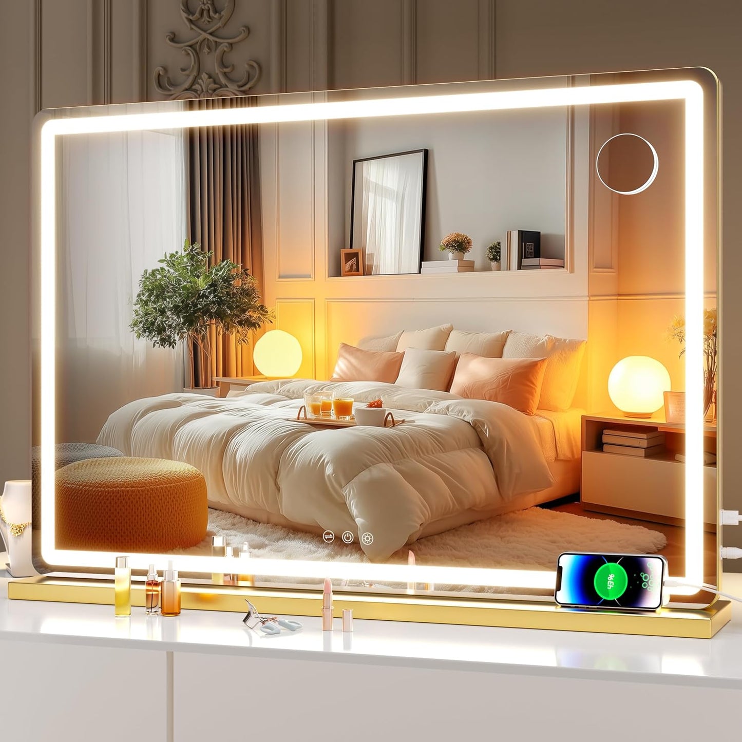 LED Makeup Mirror with Lights - 31.5" x 22" Dimmable Touch Screen Vanity Mirror | Round Black Design