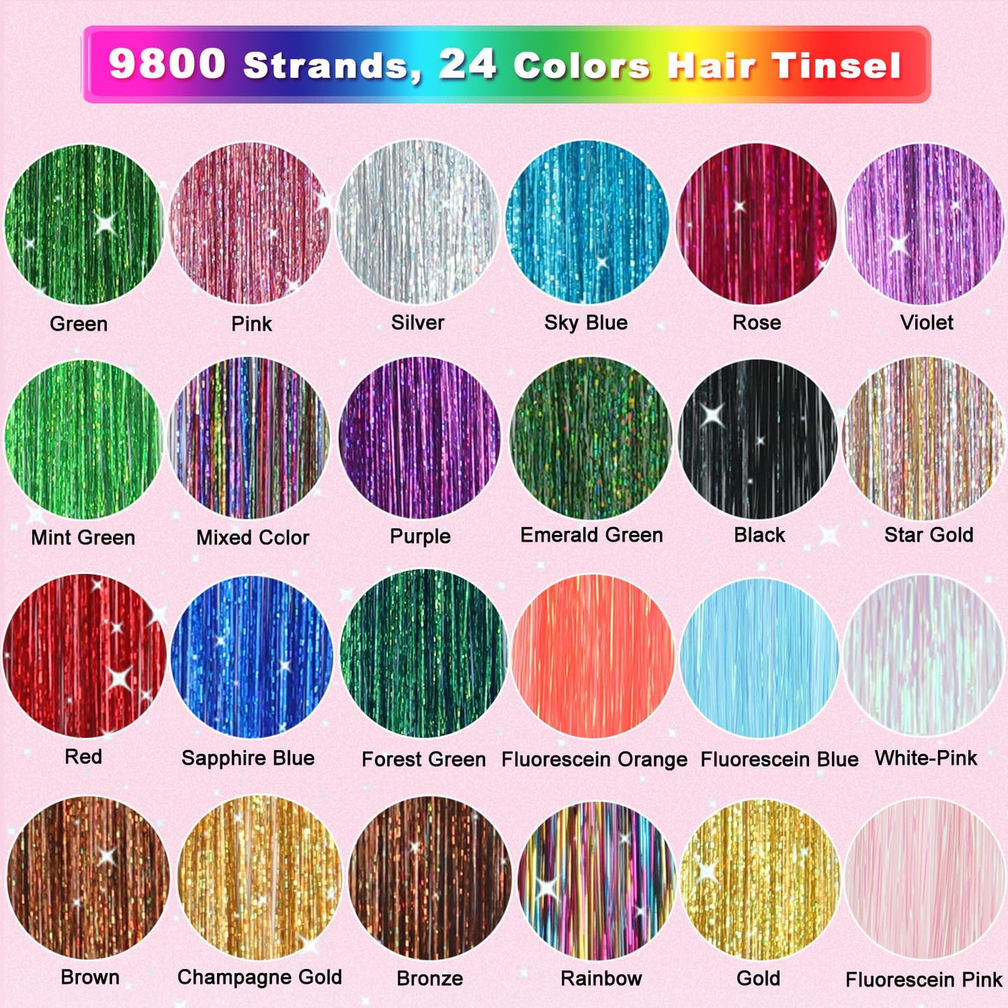 Hair Tinsel Kit - 24 Vibrant Colors, 9800 Strands, 48 Inch Glitter Hair Extensions | Festive Party Accessories for Women & Girls