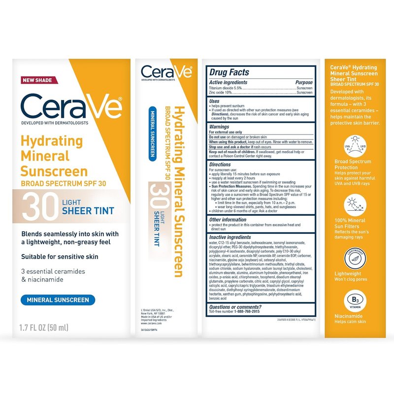 CeraVe Hydrating Mineral Sunscreen SPF 30 - Tinted Zinc Oxide Formula for Healthy Glow | 1.7 Oz