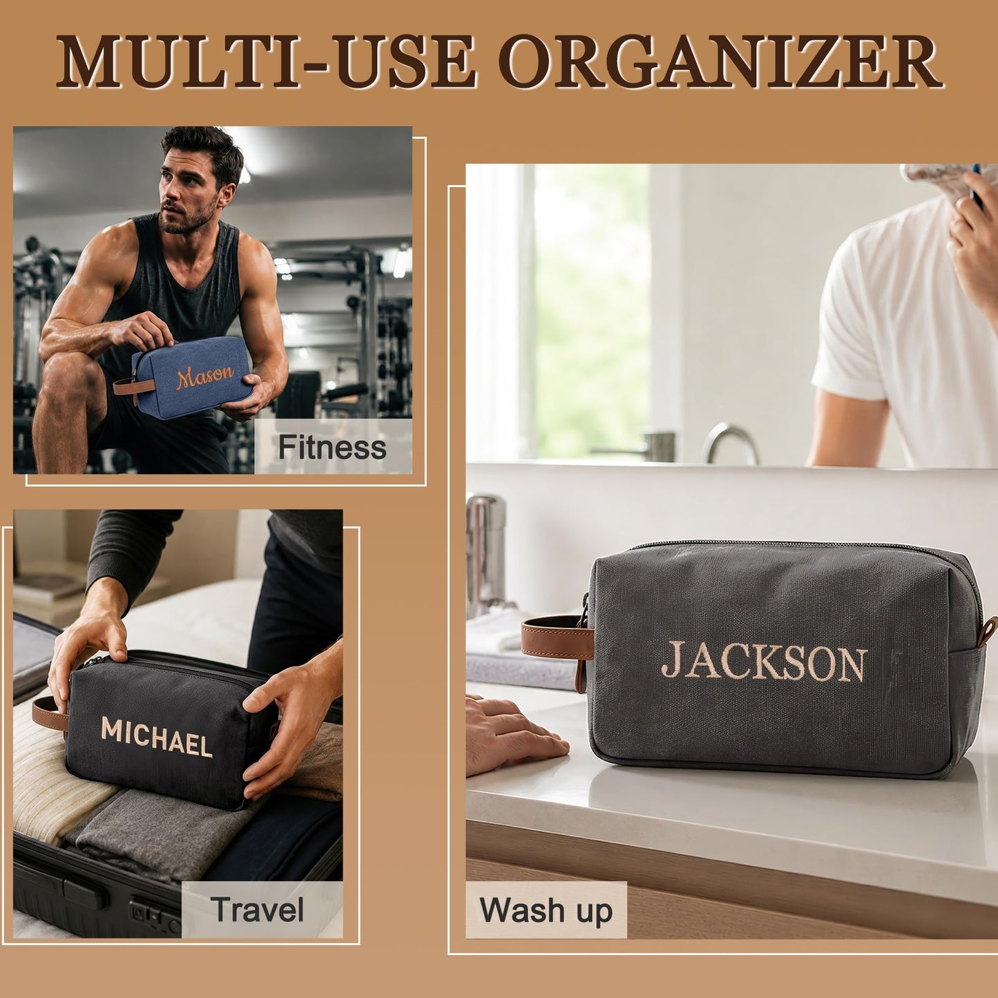 Fincekoom Personalized Embroidered Travel Toiletry Bag for Men, Custom Canvas Shaving Dopp Kit with Name, Customized Fathers Day Toiletry Bags Gifts for Husband Dad Grandpa Boyfriend