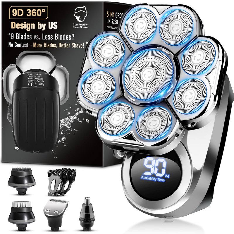 9D Electric Head Shaver for Bald Men, Upgraded 5-in-1 Waterproof Wet/Dry Grooming Kit Electric Shaver for Men, Cordless Rechargeable Bald Head Razor for Home&Travel