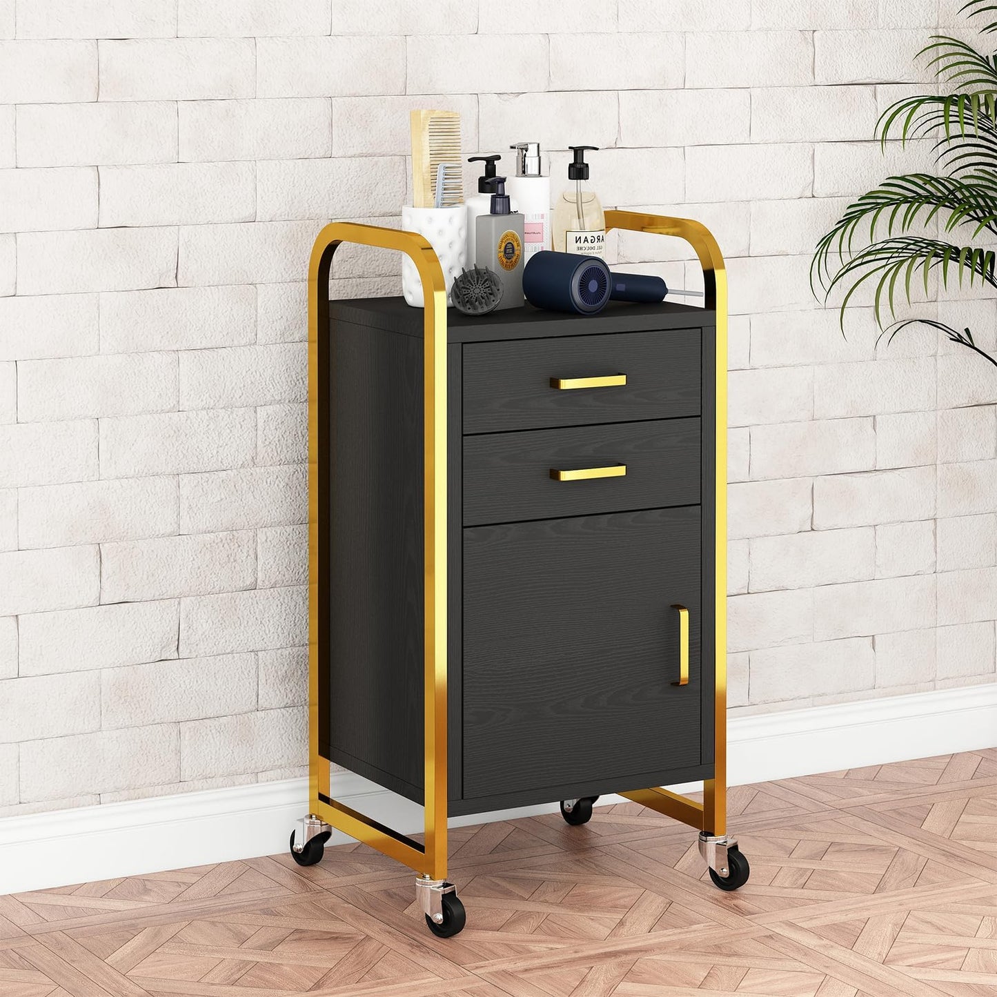 Salon Station for Hair Stylist, Rolling Salon Trolley Cart with Wheels, Beauty Barber Station with 2 Drawer & Cabinet, Mobile Storage Cabinet for Barbershop, Spa&Tattoo, Black and Gold