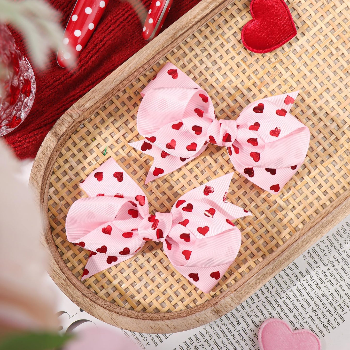 YanJie 4'' Hair Bow Clips Love Heart Hair Clips Valentines Hair Accessories Red Pink Bow Hair Barrettes Heart Print Boutique Alligator Toddler