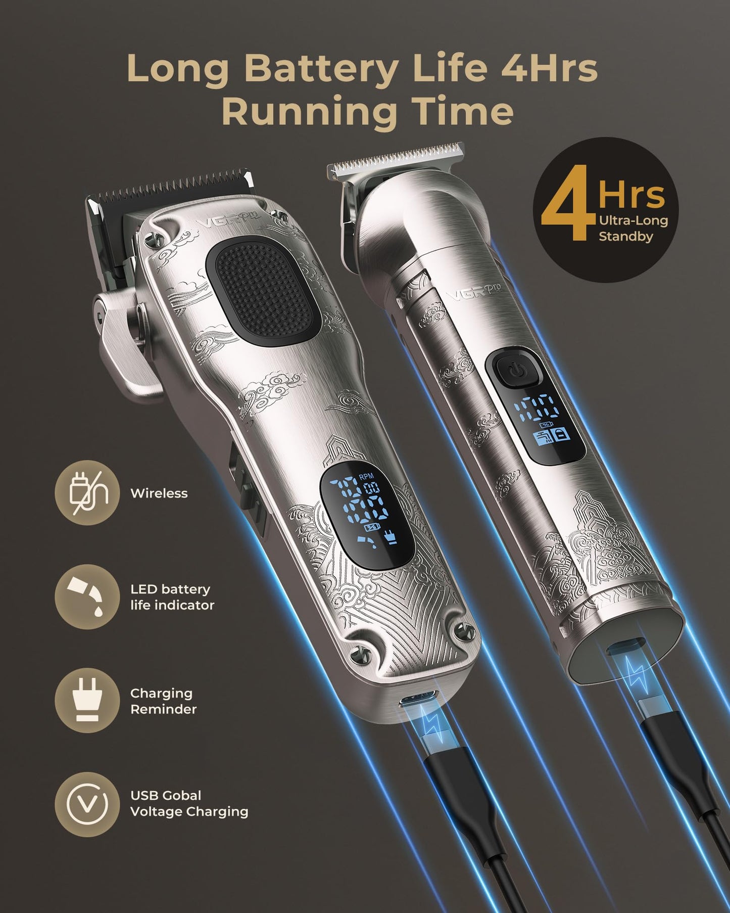 VGRPRO Hair Clippers for Men Professional, Cordless Hair Clippers for Hair Cutting, Mens Clippers and Trimmers Set, Electric Hair Trimmer for Men with Package Case (Silver)