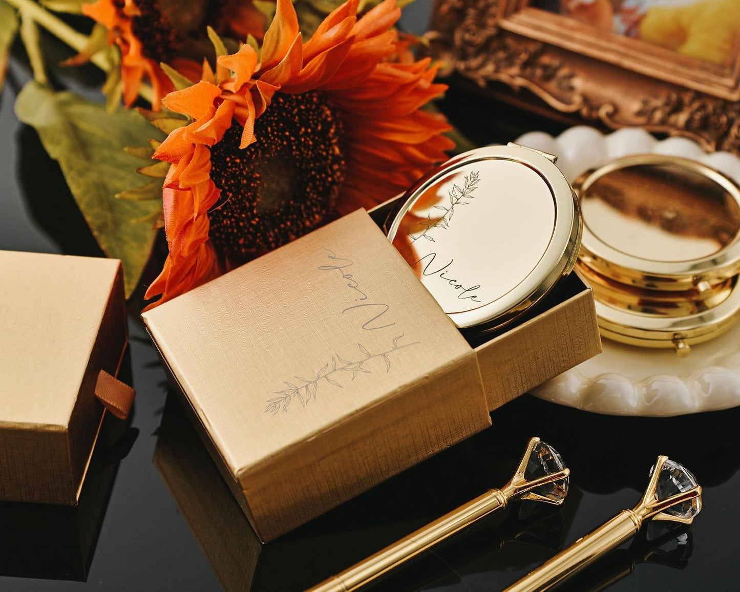 Custom Engraved Floral Compact Mirror - Personalized Bridesmaid Gift | Monogrammed Pocket Mirror for Weddings