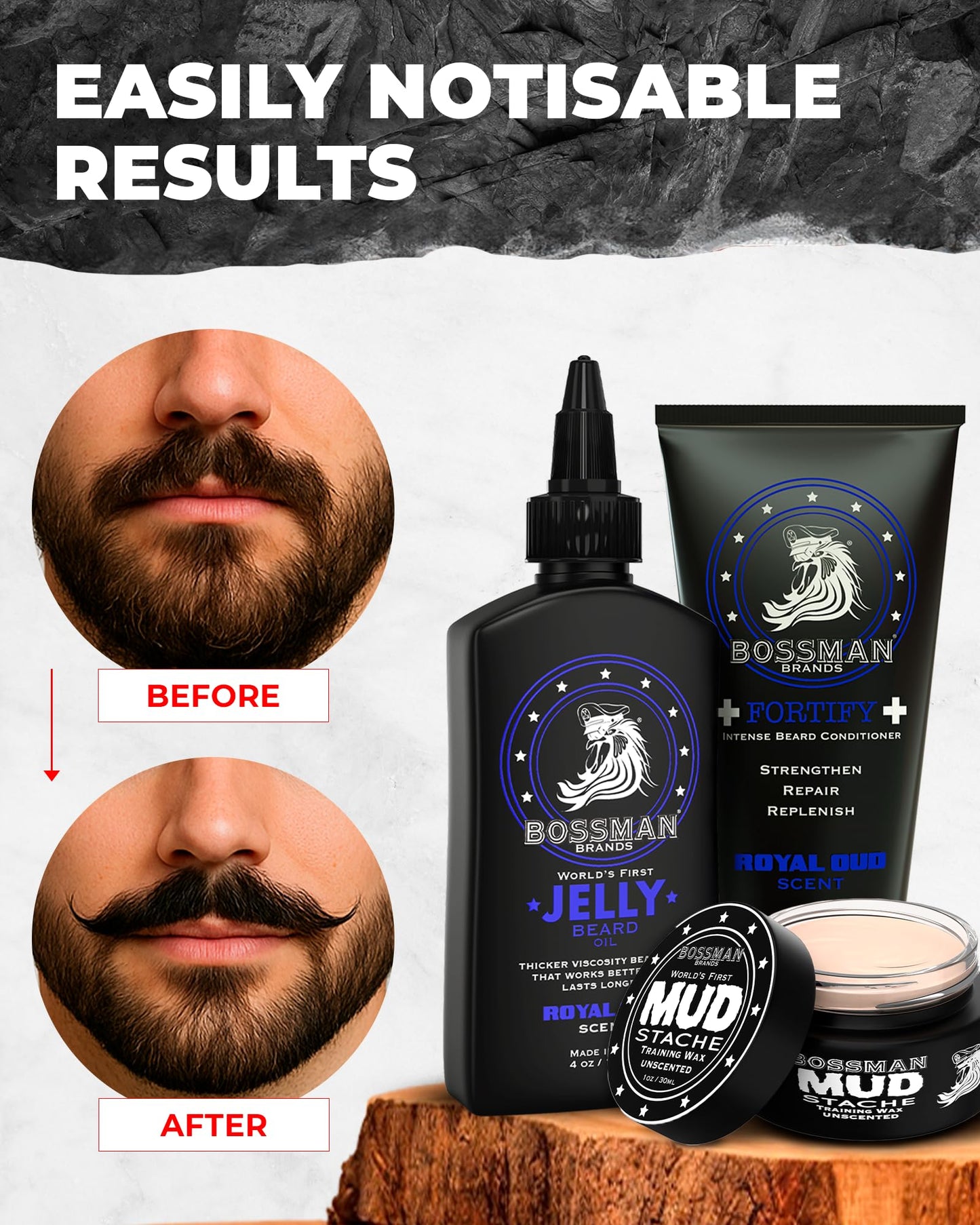 Bossman Big Boss Beard Care Kit for Men - Dad Gifts for Father's Day, 7 Piece Beard Grooming Kit, Jelly Beard Oil, Beard Conditioner, Beard Balm, MUDstache Wax, Bar Soap, Metal Comb, Brush (Royal Oud)