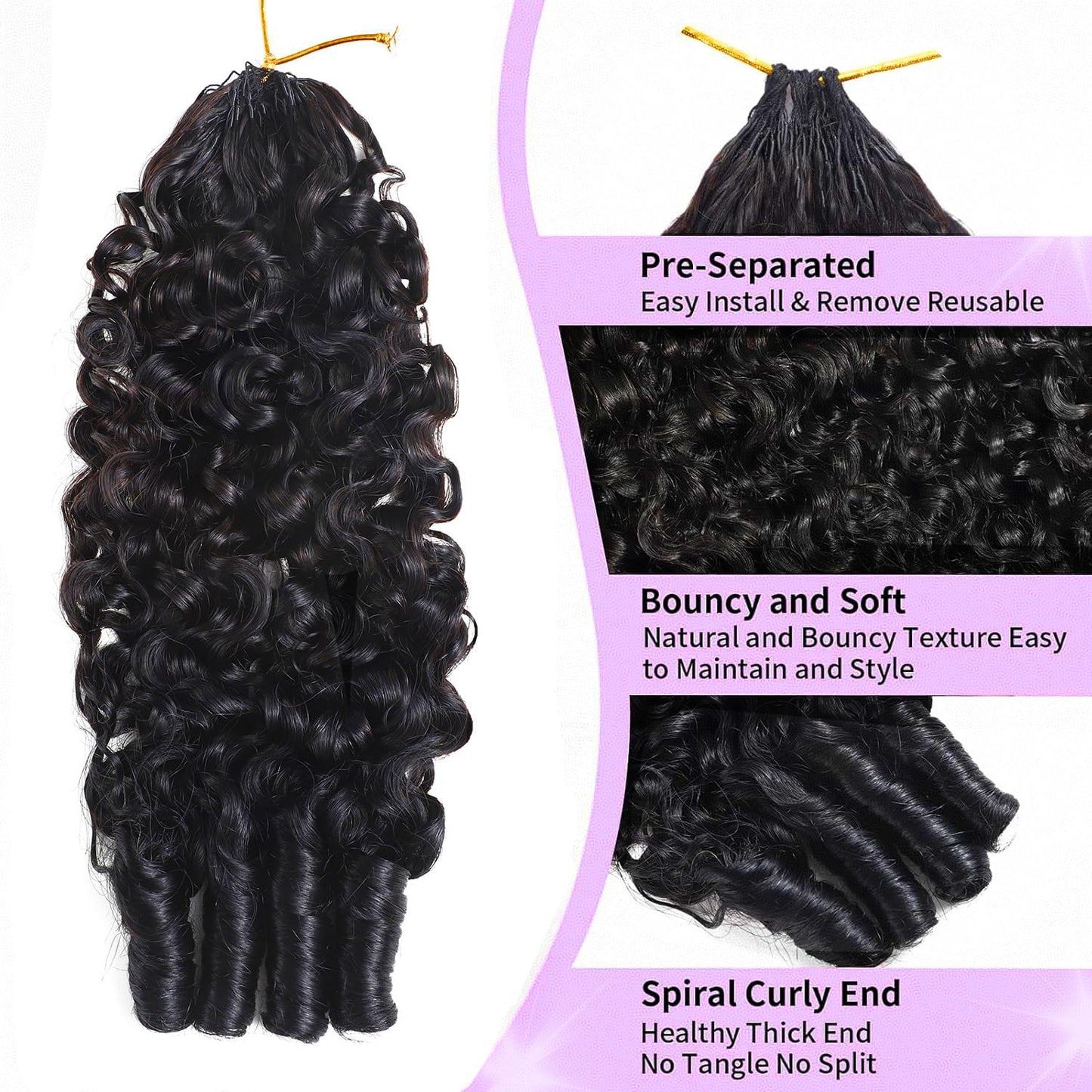 Burmese Curly Crochet Human Hair 16 Inch 60g 16A Raw Feather Crochet Human Hair Miracle Knots Pre‑Separated Lightweight Reusable Burmese Curly Hair Extensions 100% Virgin Human Hair Natural Black