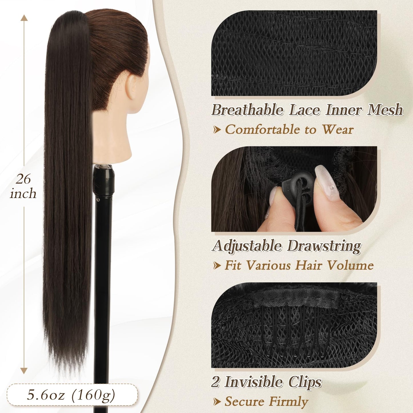 BARSDAR Brown Ponytail Extension - 26 Inch Long Straight Drawstring Ponytail Hair Extensions Synthetic Clip in Pony Tails Hairpieces Fake Straight Ponytail for Women Girls Daily- Dark Brown