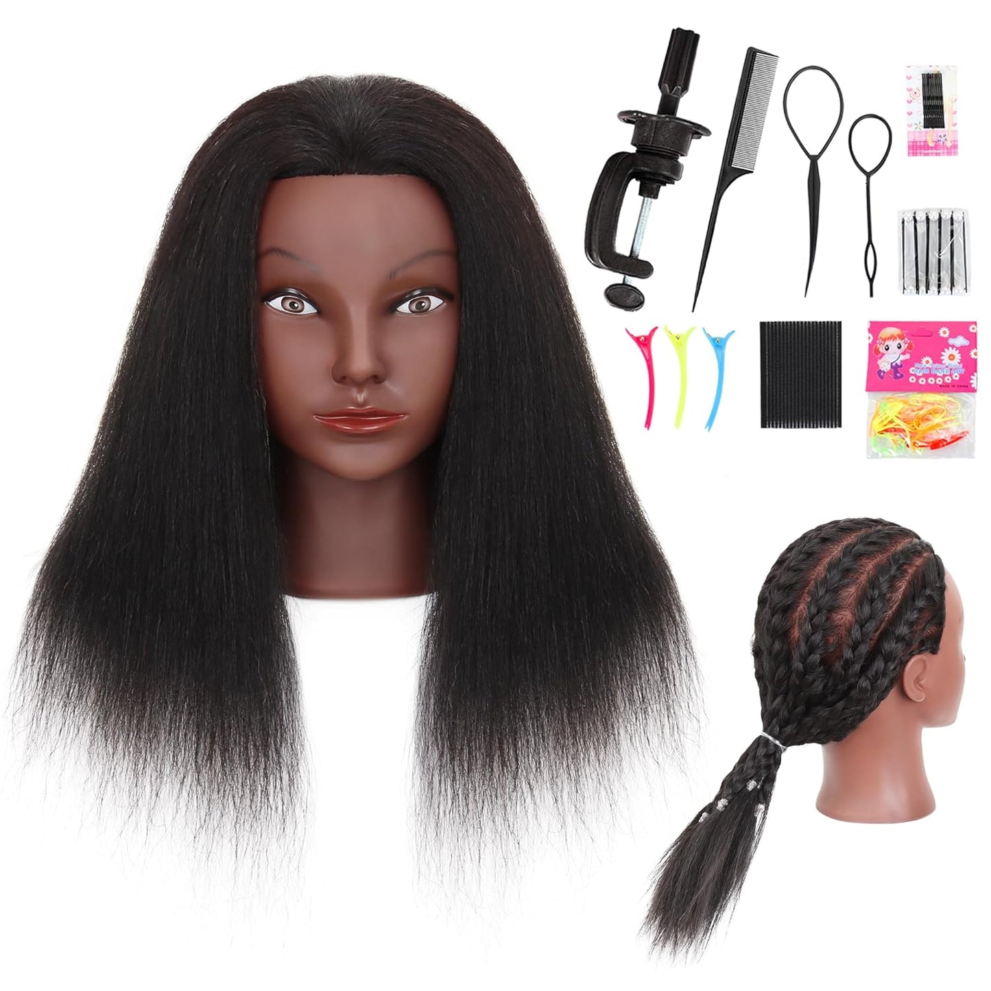 Afro Curly Mannequin Head - 100% Human Hair Cosmetology Doll for Hairdressing Practice | 10'' Brown with Clamp Holder