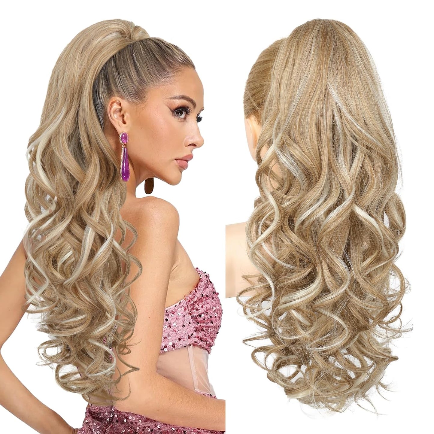 Ponytail Extension - 24" Claw Clip In Long Curly Wavy Hairpiece | Medium Blonde with Highlights