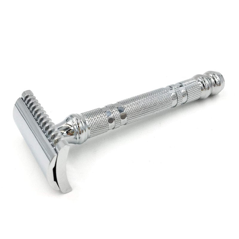 Parker Open Comb Double Edge Safety Razor – Heavyweight Chrome Handle for Closer Shaves – Includes 5 Razor Blades – Ideal for Men with Thick or Coarse Beards (24C-Chrome)