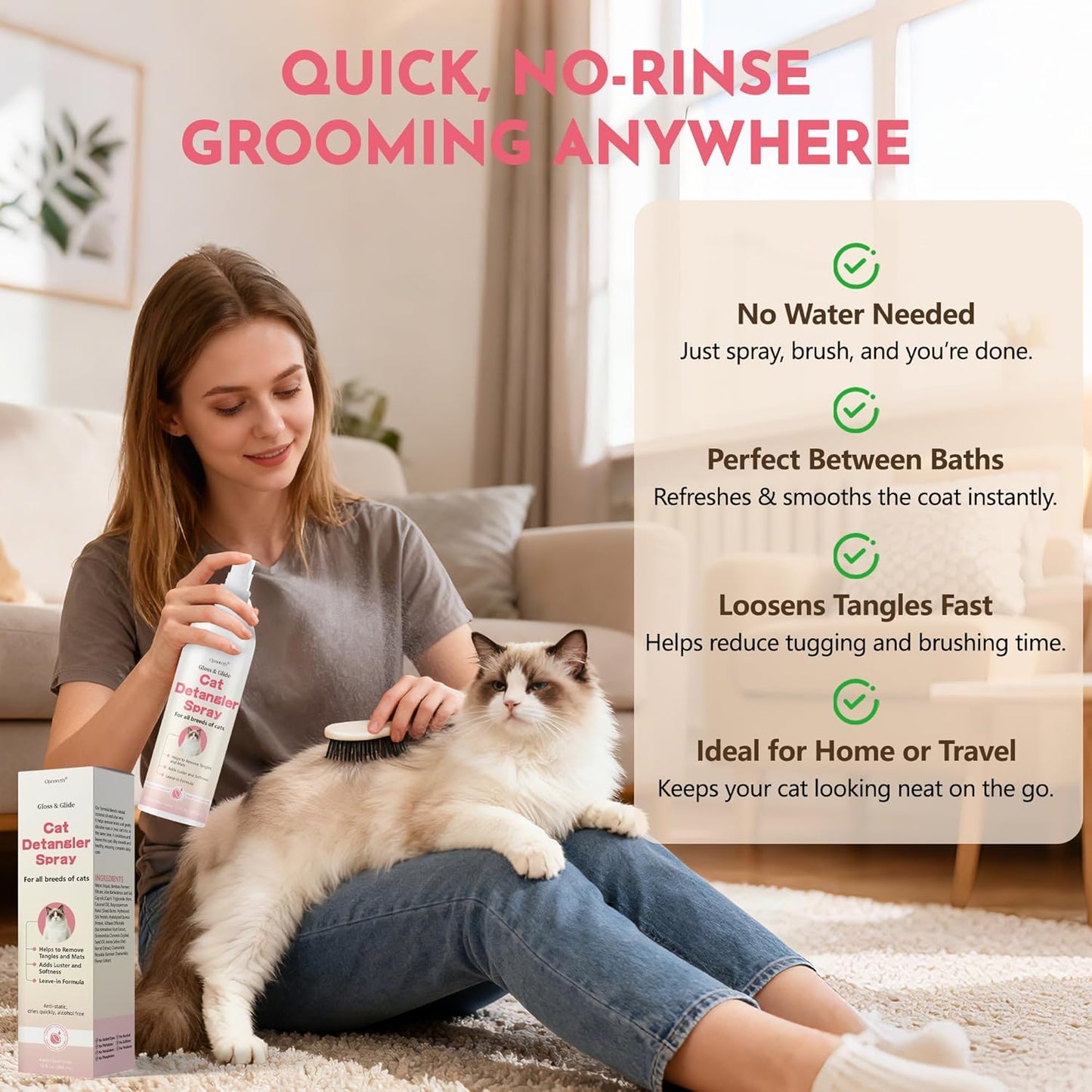 Cat Detangler Spray - Effective Matted Fur Remover for Cats | No-Rinse Formula, Smooths Coats & Reduces Pulling