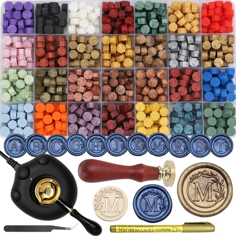 732 Pcs Sealing Wax Stamp Kit with Electric Wax Seal Warmer, Initial Alphabet M Seal Stamp, Assorted Colors Waxseal Beads, Spoon, Pen, Letter Sealingwax Kit (M)