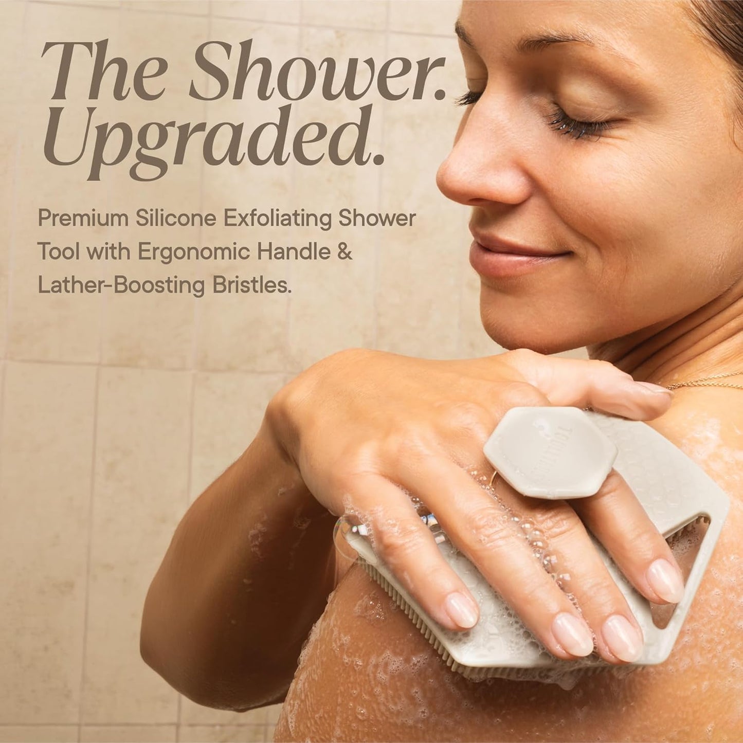 Premium Silicone Body Scrubber 2.0 | Exfoliating Loofah Alternative for Sensitive Skin - Quick Drying, Long-Lasting, Sand Color