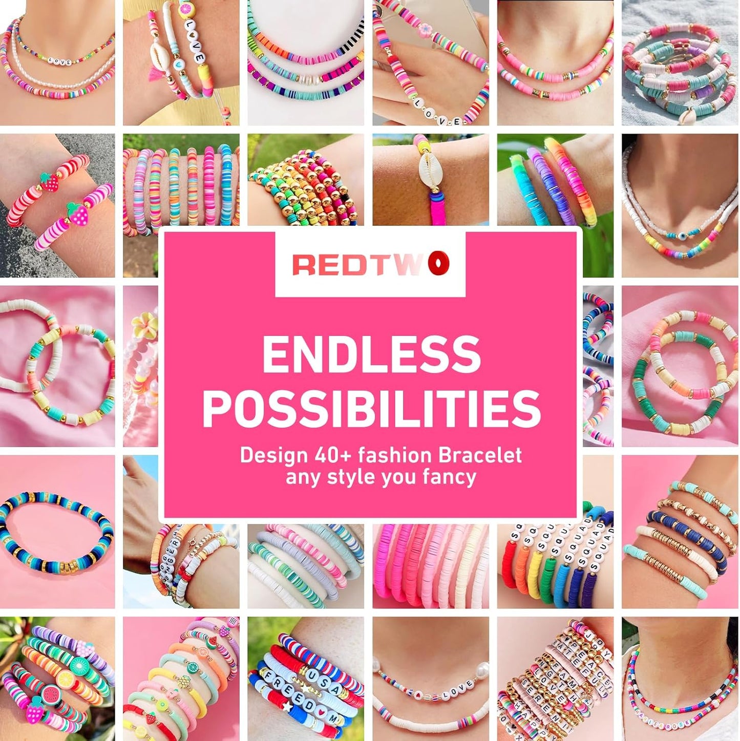 Clay Beads Bracelet Making Kit - Flat Preppy Polymer Heishi Beads with Charms | Craft Gifts for Girls Ages 8-12