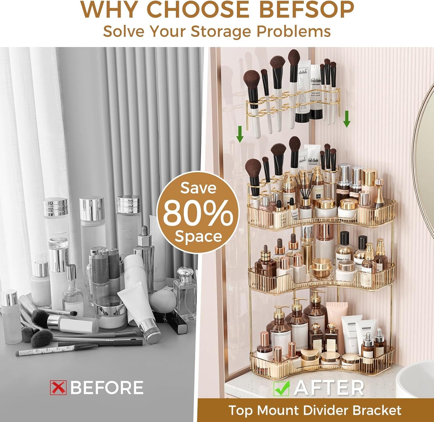 Corner Bathroom Counter Organizer - 3-Tier Makeup & Skincare Storage with Brush Holder | Elegant Gold Finish