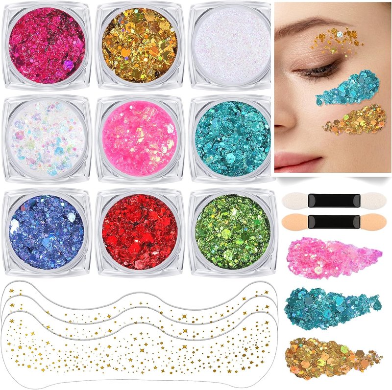 Face Glitter Set - 9 Color Body Glitter Gel with 3 Gold Freckles | No Glue Needed Festival Makeup for Parties & Halloween