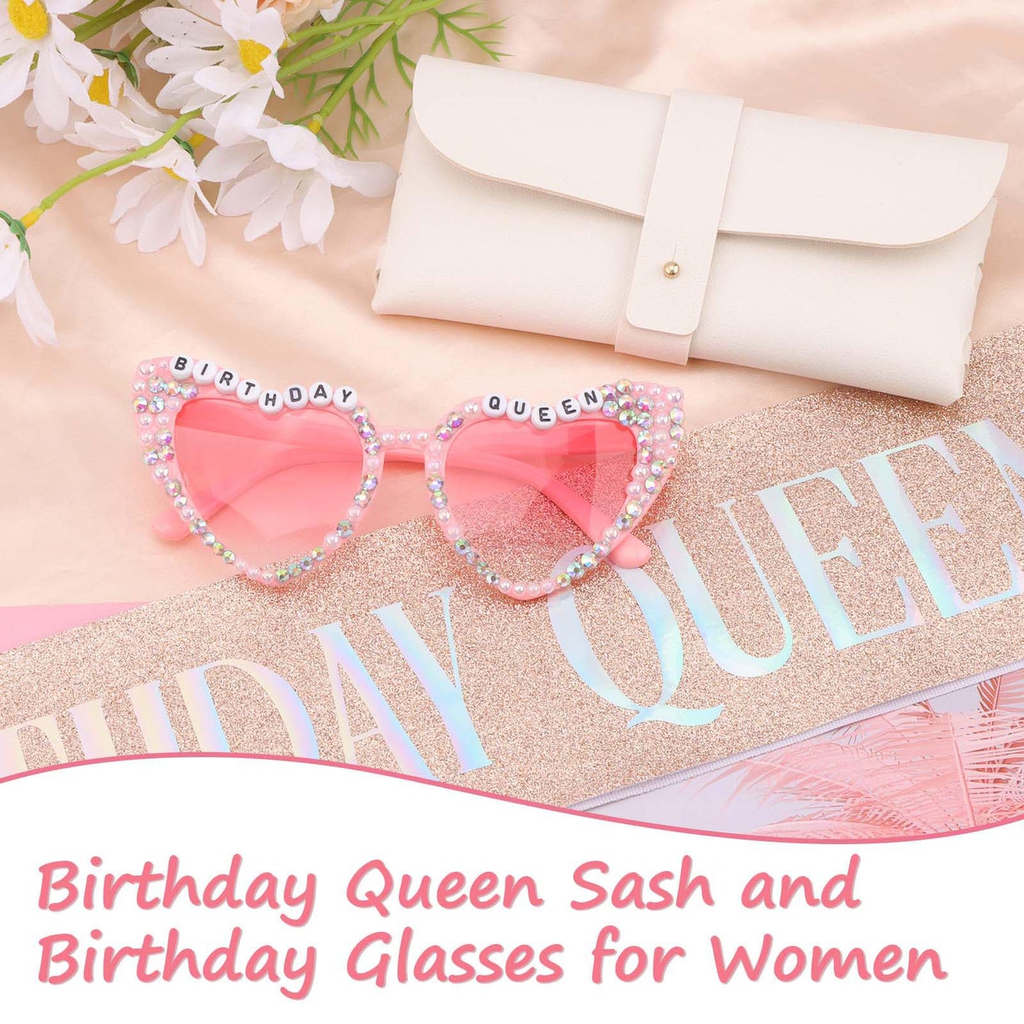 Tihebax Birthday Sash for Women, Birthday Queen Sash with Glasses for Girls Women Birth Day Decorations Accessories for Girls Party Favors