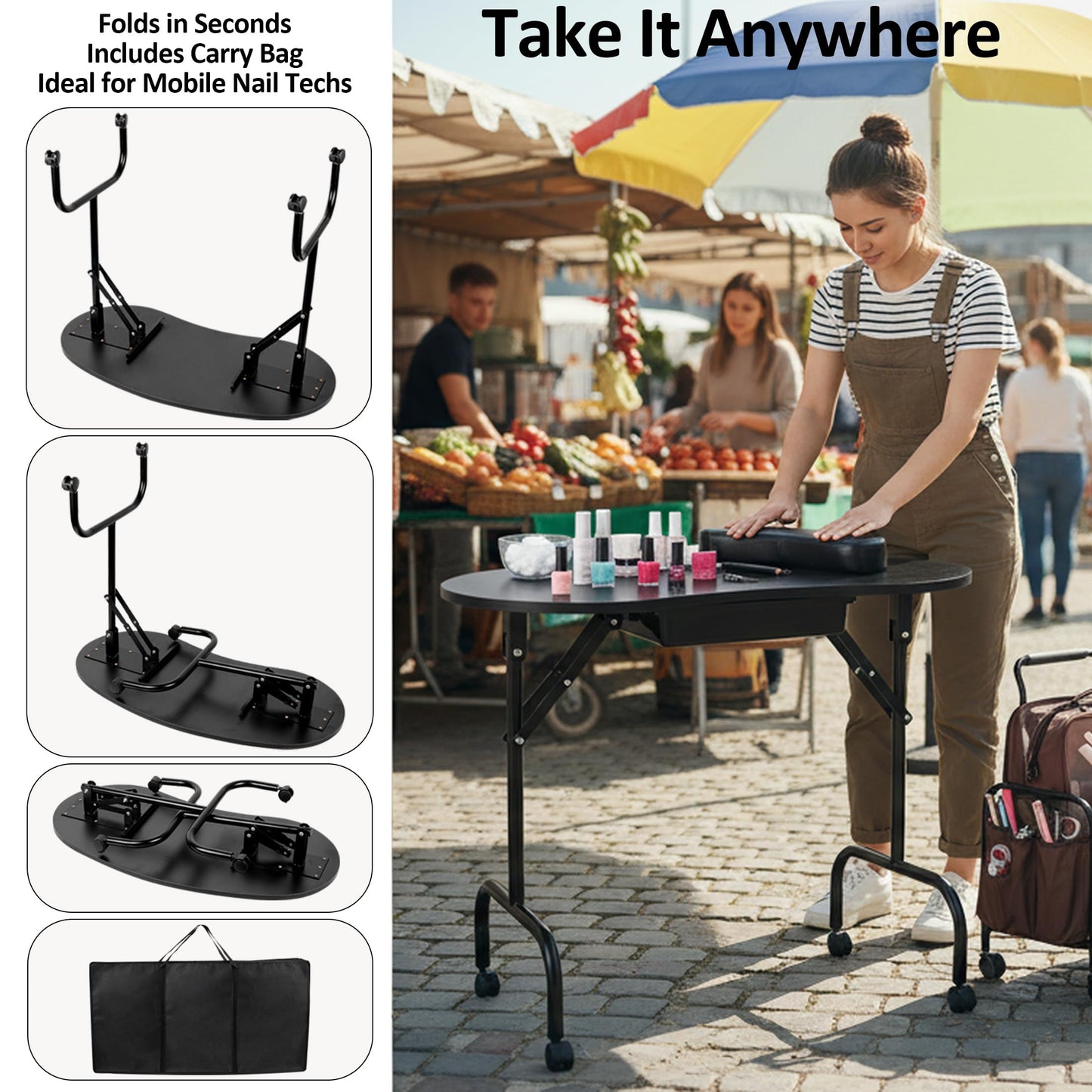 Mohzate Portable Manicure Table Foldable Nail Desk Workstation with Drawer and Wrist Rest Professional Nail Tech Table with Wheels and Carry Bag for Technician Spa Salon and Home Use