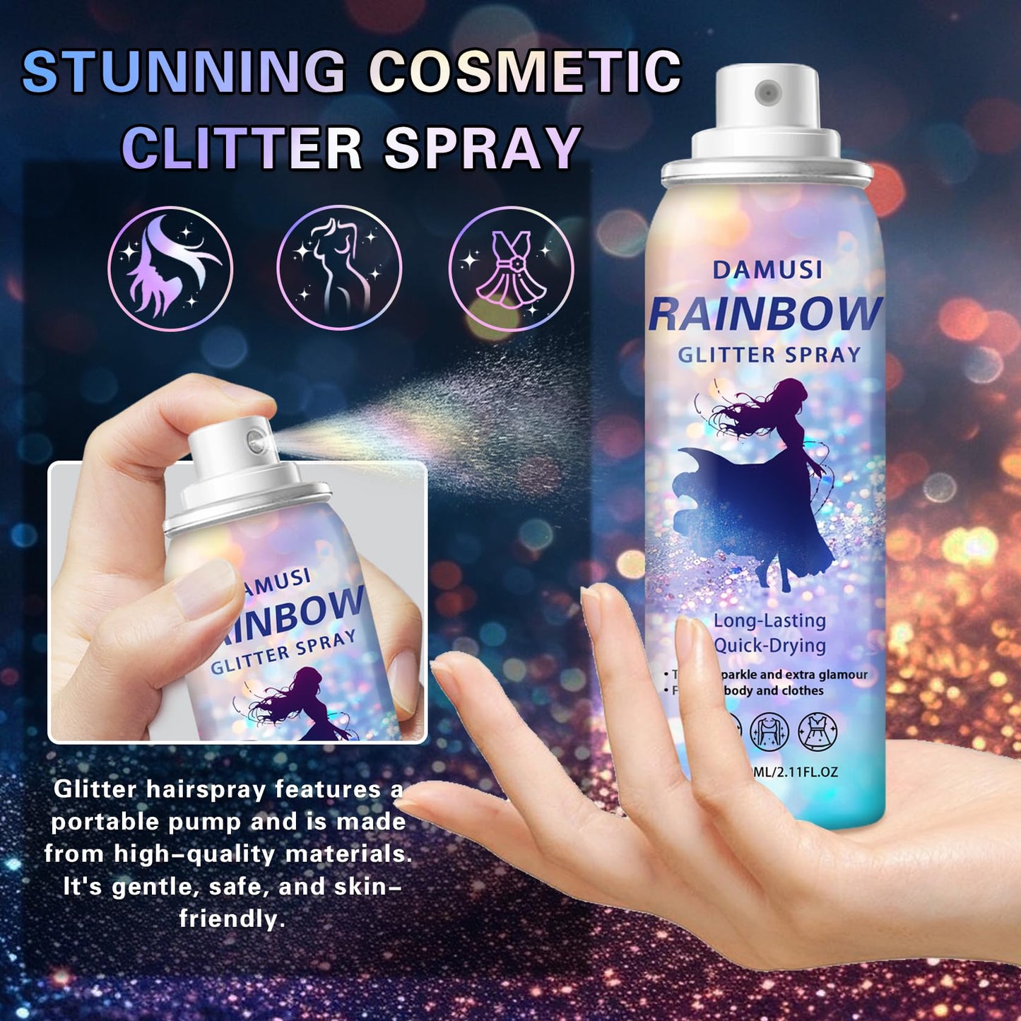 DAMUSI Silver Body Glitter Spray, Shiny Hair and Body Glitter Spray for Clothes, Holographic Glitter Hairspray Quick-Drying Long-Lasting Shimmer Highlighter Powder for Festival Concert Party Rave Prom