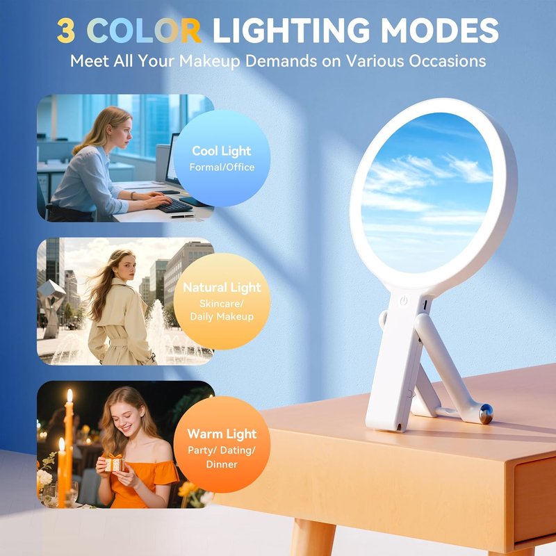 Travel Makeup Mirror with Lights - Double-Sided 30X/1X Magnifying | Portable Handheld with 3 Color Lighting & Adjustable Brightness
