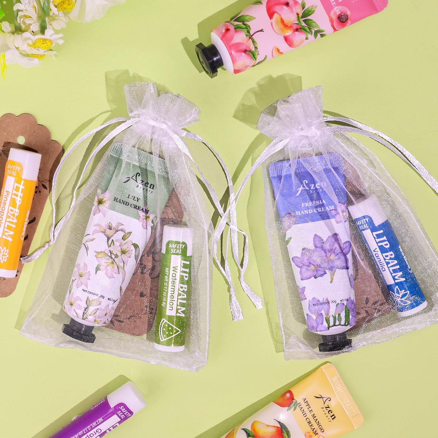 Hand Cream and Lip Balm Gift Set - 16 Sets with Organza Bag | Perfect for Baby Showers, Weddings, and Mother's Day