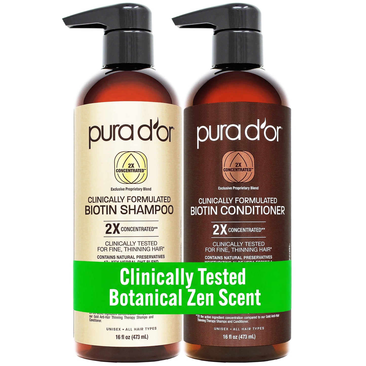PURA D'OR Clinically Formulated Biotin Shampoo & Hair Regrowth Conditioner For Hair Thinning - 2X Concentrated Proprietary Thickening Blend For Women & Men, Sulfate Free, Botanical Zen Scent,16oz x2