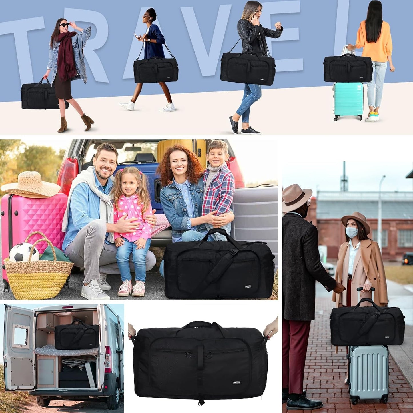 Duffle Bag 65L with Shoes Compartment - Foldable Travel Bag for Men & Women | Water-Repellent & Tear-Resistant (Black)