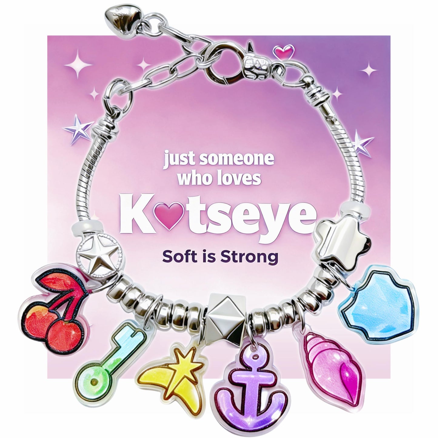 Bracelets Inspired by KATSEYE Merch for Fans, Guardian Shield, Limitless Key, Stellar Tiara, Dual Cherry, Dream Anchor, Soothing Shell with Pink K-pop Style Card for Concert Outfits Gifts (6.3, Inches)