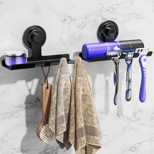 DAOYA 2 Pack Razor/Towel Hooks - Suction Cup Shower Organizer - Razor Holder for Shower, Built in Shaving Cream Shelf