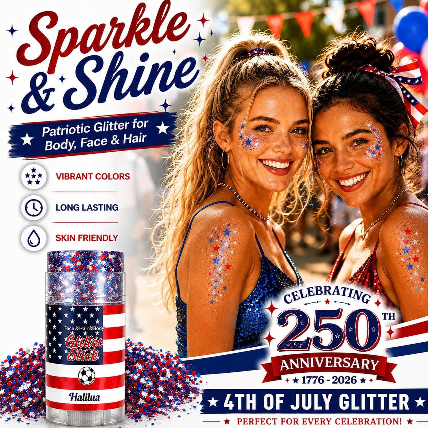 4th of July Glitter Stick, Patriotic Face Hair Glitter, 4th of July Outfits and 250th Anniversary Accessories, Waterproof Face Glitter, Fourth of July Red White and Blue Glitter for Women and Kids