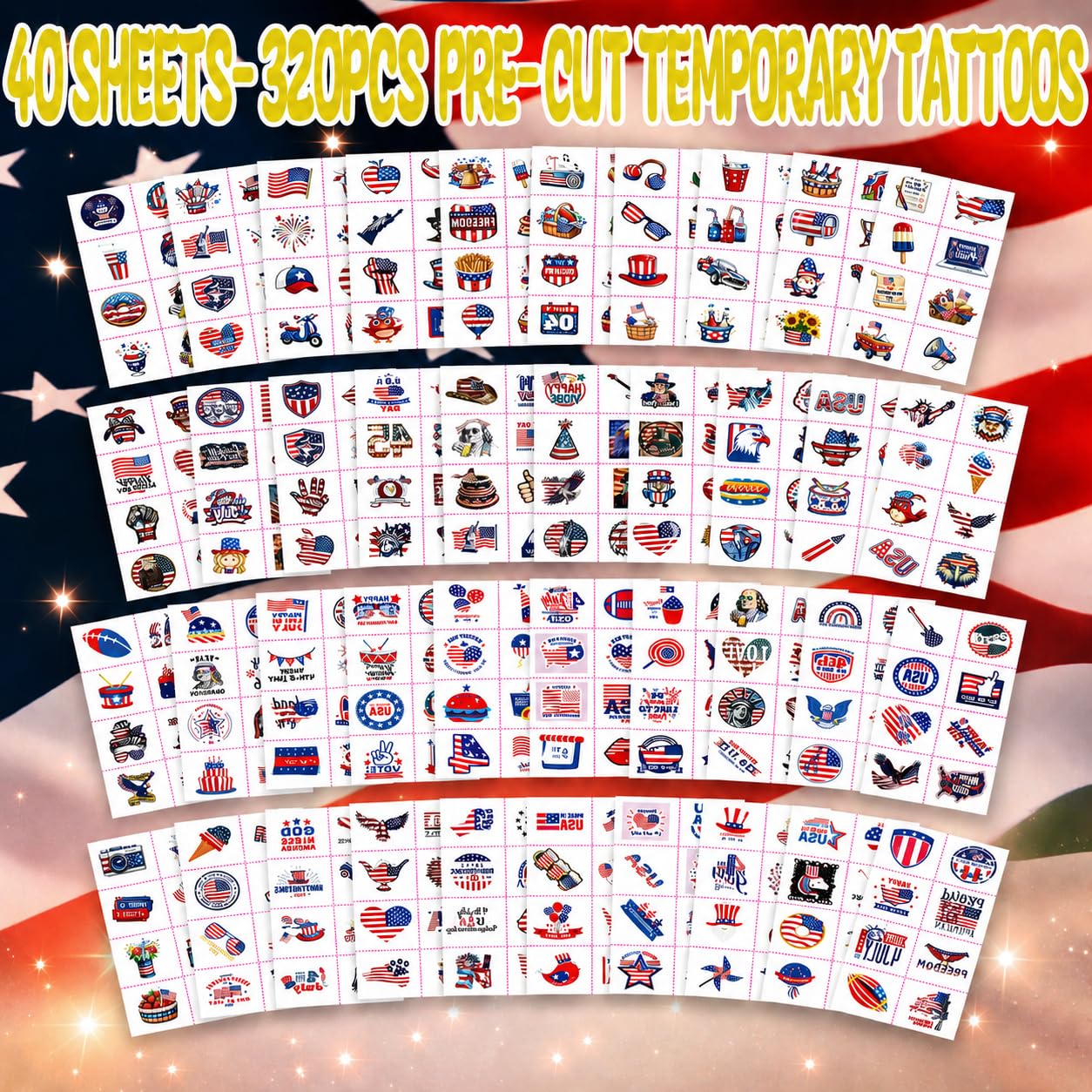 4th of July Temporary Tattoos - 320 Pcs USA Patriotic Stickers | Waterproof Red, White & Blue Face and Body Decor