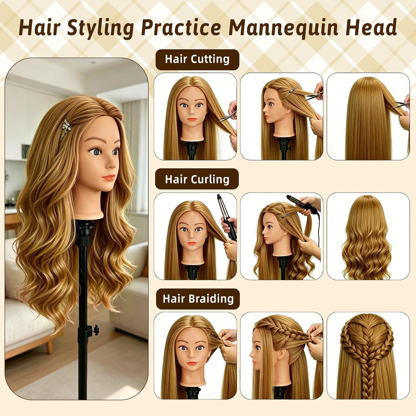 Mannequin Head - 90% Human Hair Styling Head for Cosmetology | 24" Gold Blonde Hairdressing Training Doll with Clamp