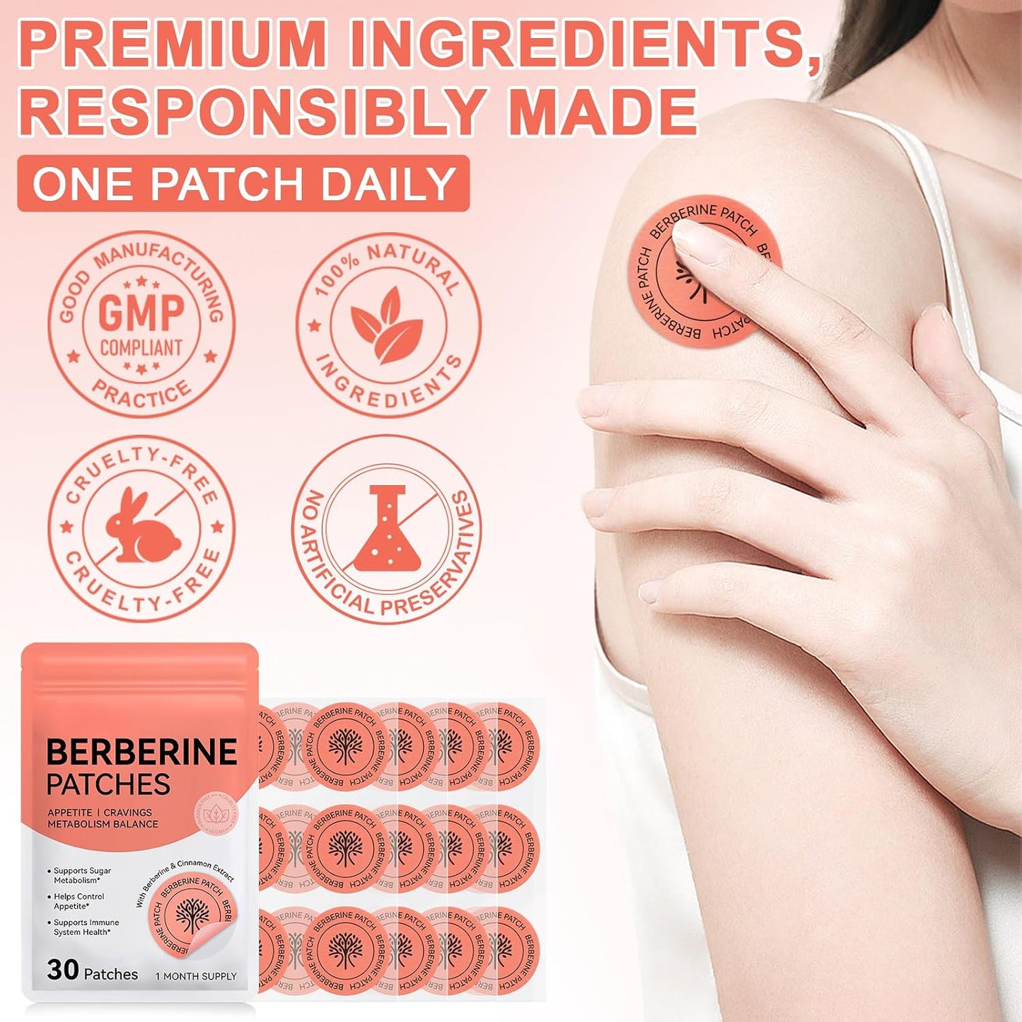 Berberine Patches - Ultra-Thin & Breathable Textile, Waterproof Botanical Formula | 30 Pcs with Cinnamon & Pomegranate
