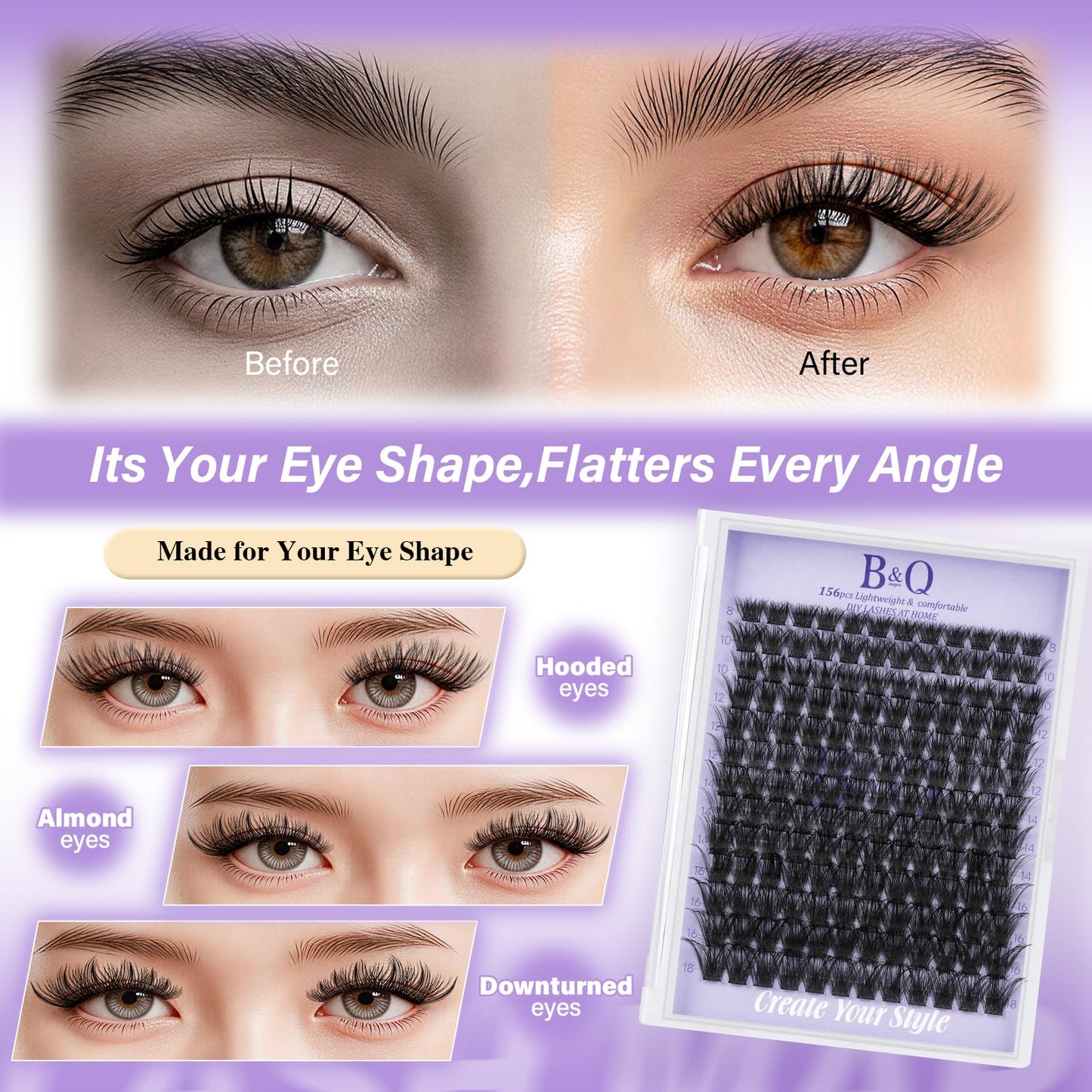 B&Q Wispy Lash Clusters 156PCS Natural Eyelash Clusters DIY Cluster Eyelash Extensions 8-18mm Cat Eye Individual Lashes Soft Wide Band Clusters for Everyday Wear Beginner Friendly 5-7 Day (B02-8-18)