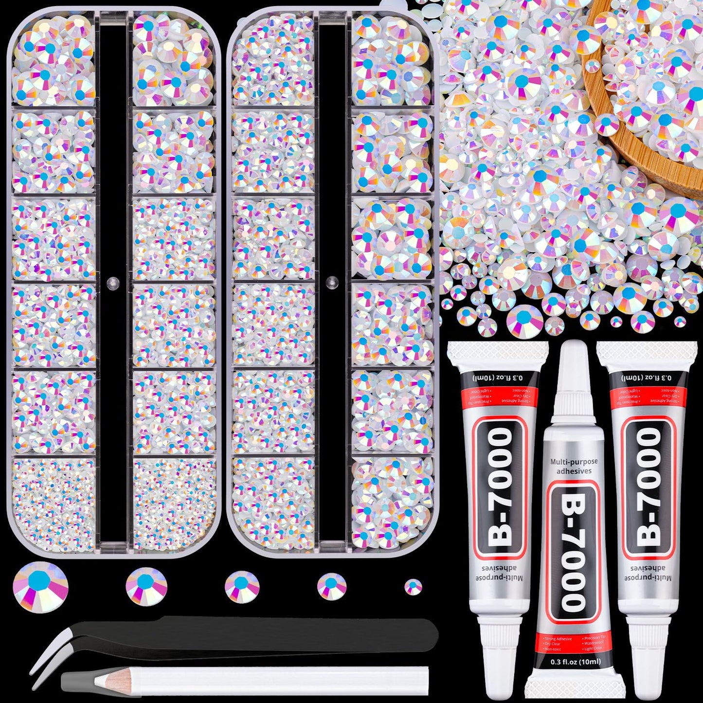 Resin Rhinestones - 32000 Pcs Flatback Gems for Bedazzling | Silver Clear Crystal Kit with 3 Pcs B7000 Glue for Nail Art & Crafts