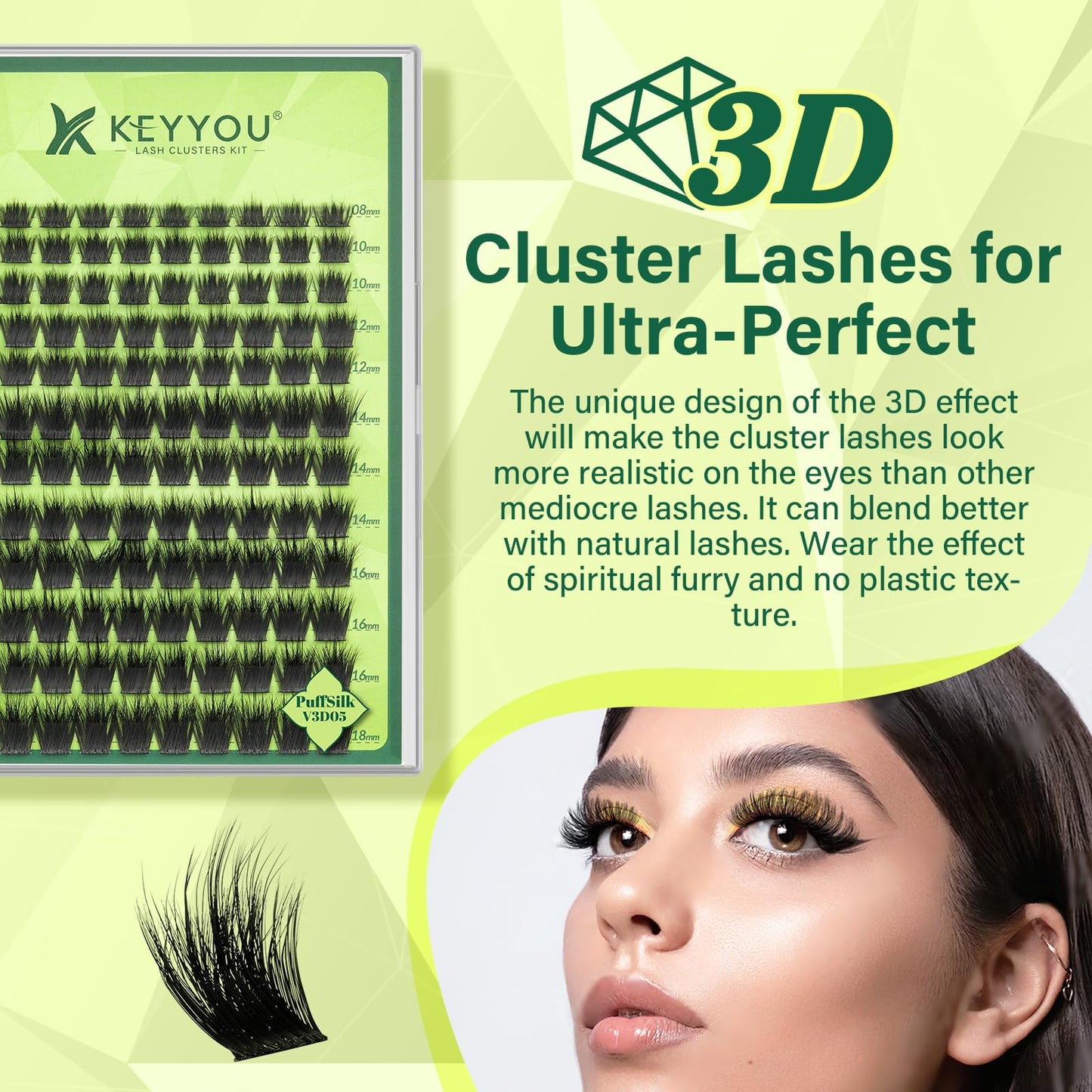 KEYYOU Lash Clusters 3D Effect Eyelash Clusters 144pcs D Curl Wispy Lashes Cluster Lashes 8-18MIX Natural Soft DIY Lash Extension at Home(PuffSilk V3D05-D-8-18MIX)