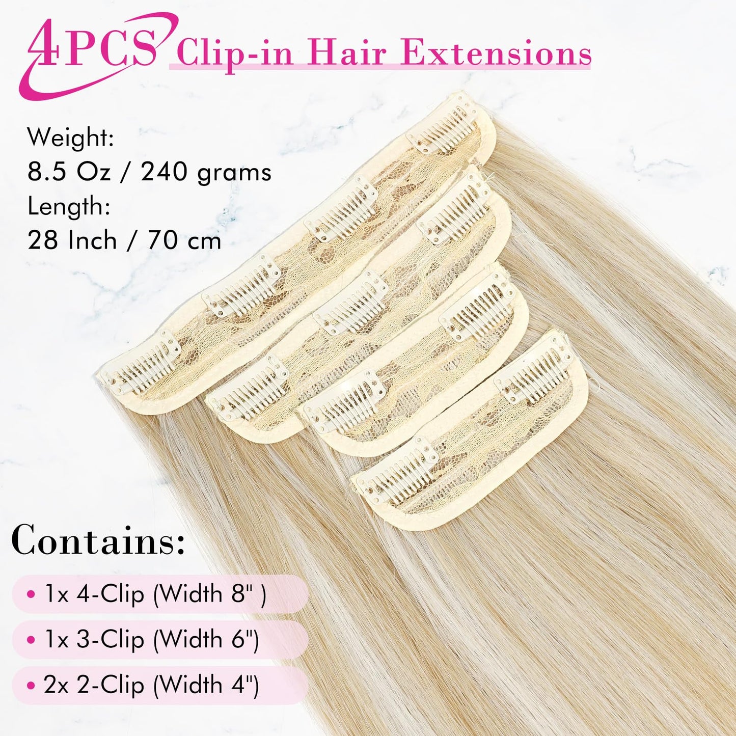 REECHO 28" Straight Long 4 PCS Set Thick Clip in on Hair Extensions -Ash Blonde with Highlights