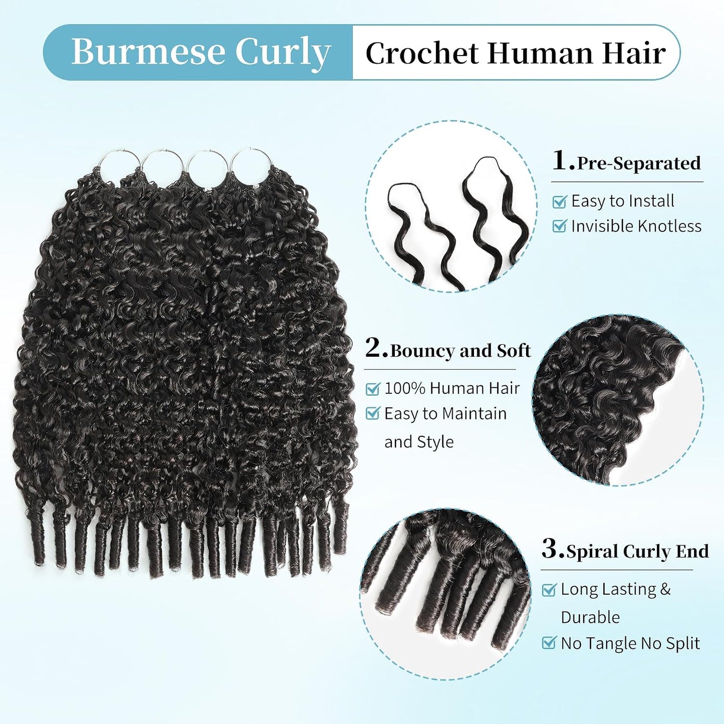 Human Crochet Hair for Black Women - 18 Inch Burmese Curly Extensions | 240g Pre-Separated, Invisible Knots, Natural Black