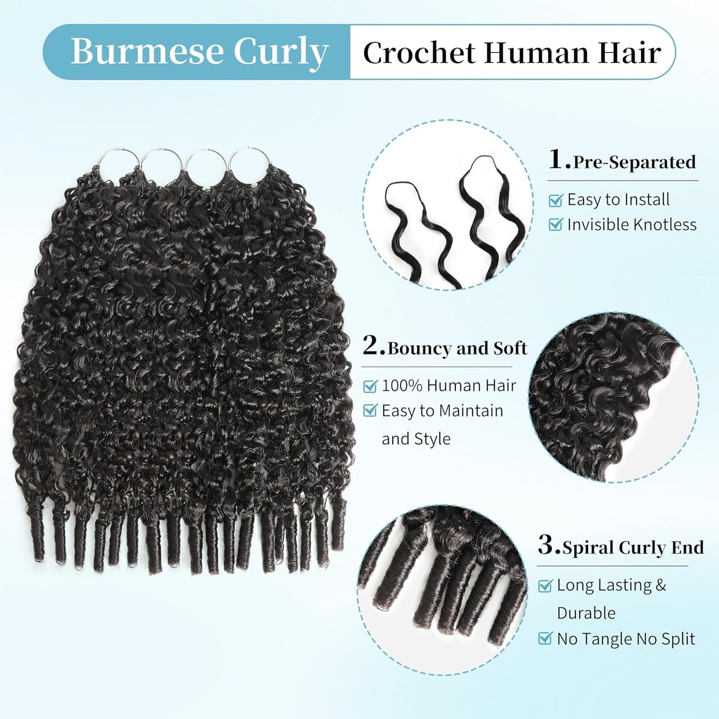 Human Crochet Hair for Black Women - 18 Inch Burmese Curly Bundles | Pre-Separated, Natural Black, 240g