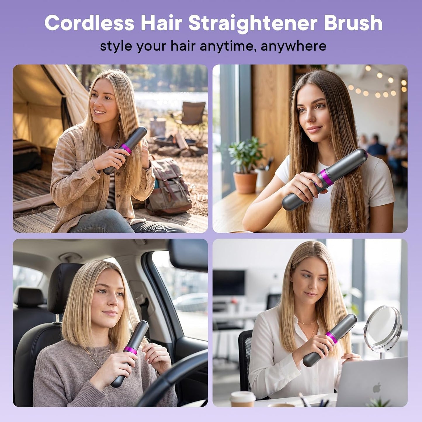 Go Brush Pro Cordless Hair Straightener Brush - Portable Ionic Hot Comb with Infrared Light | 3 Temperature Settings for Travel Use