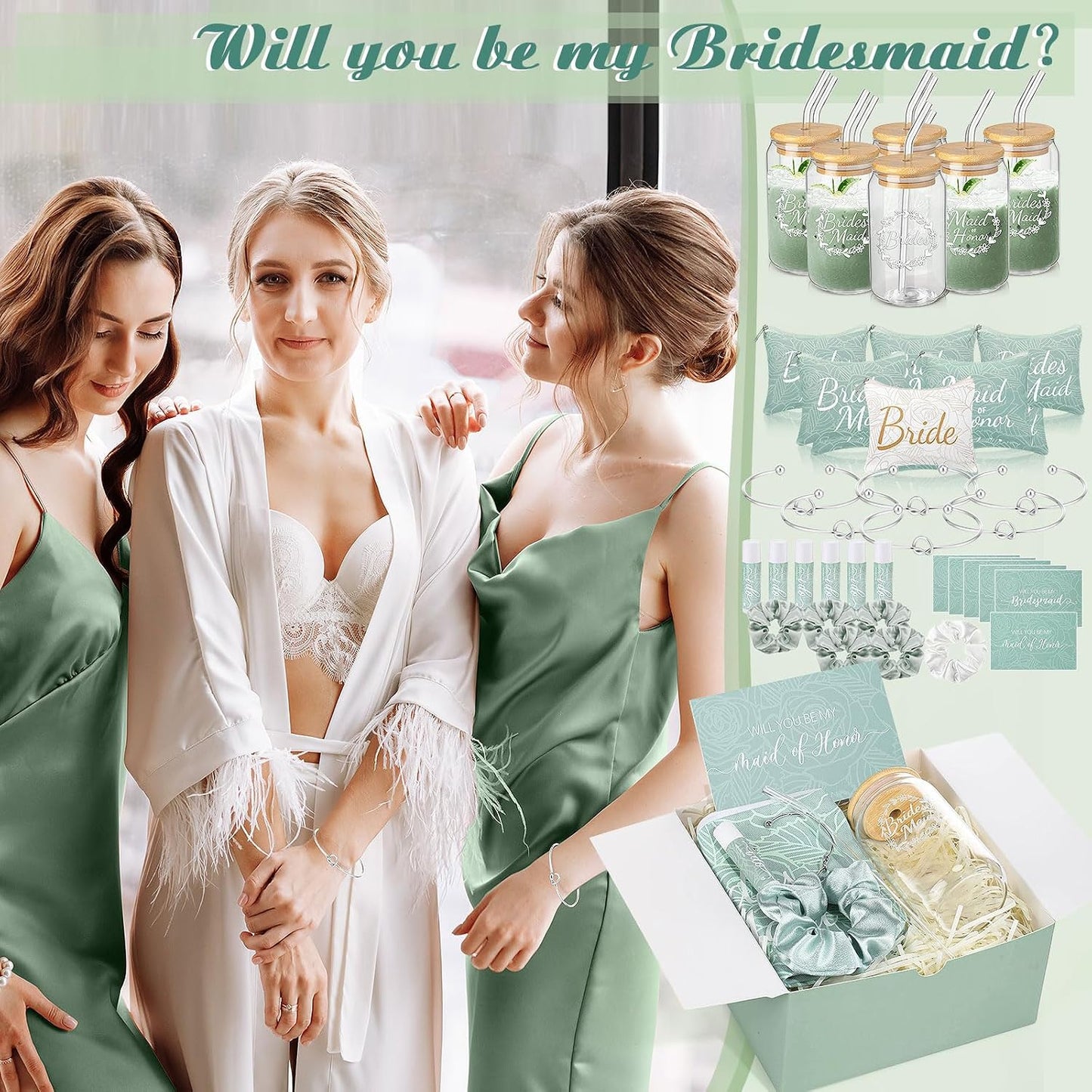 Bridesmaid Proposal Gifts - 54 Pcs Set with Makeup Bag, Glass Cup & Bracelet | Green & White
