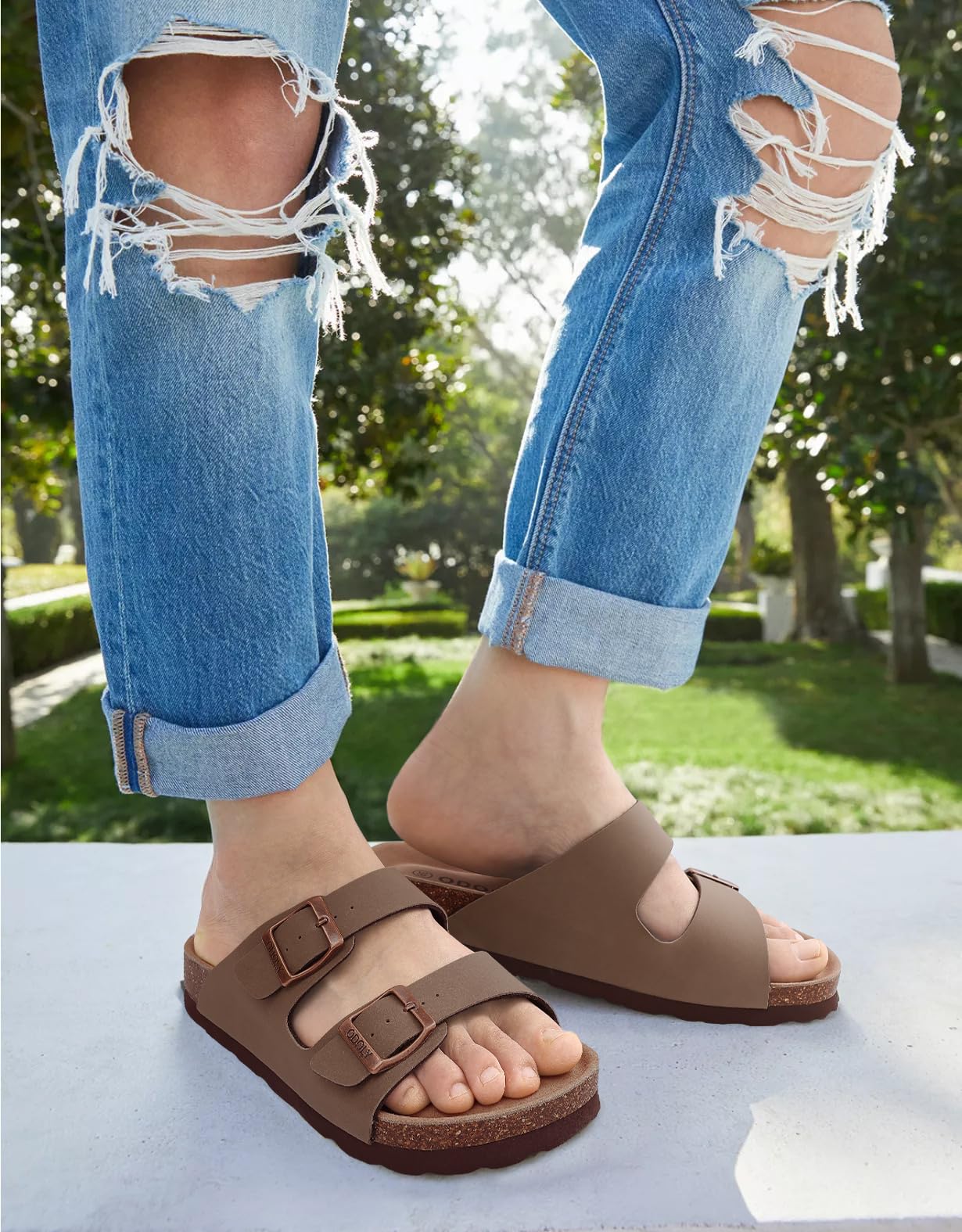 ODOLY Unisex Cork Footbed Slide Sandal, Arch Support Summer Outdoor Sandals with Adjustable Buckle for Women and Men, Brown 39 (8 Women/6.5 Men)